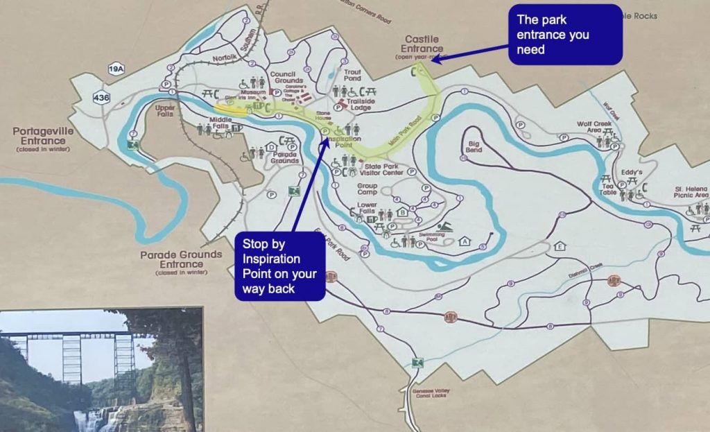 Trail map to Middle Falls in Letchworth State Park